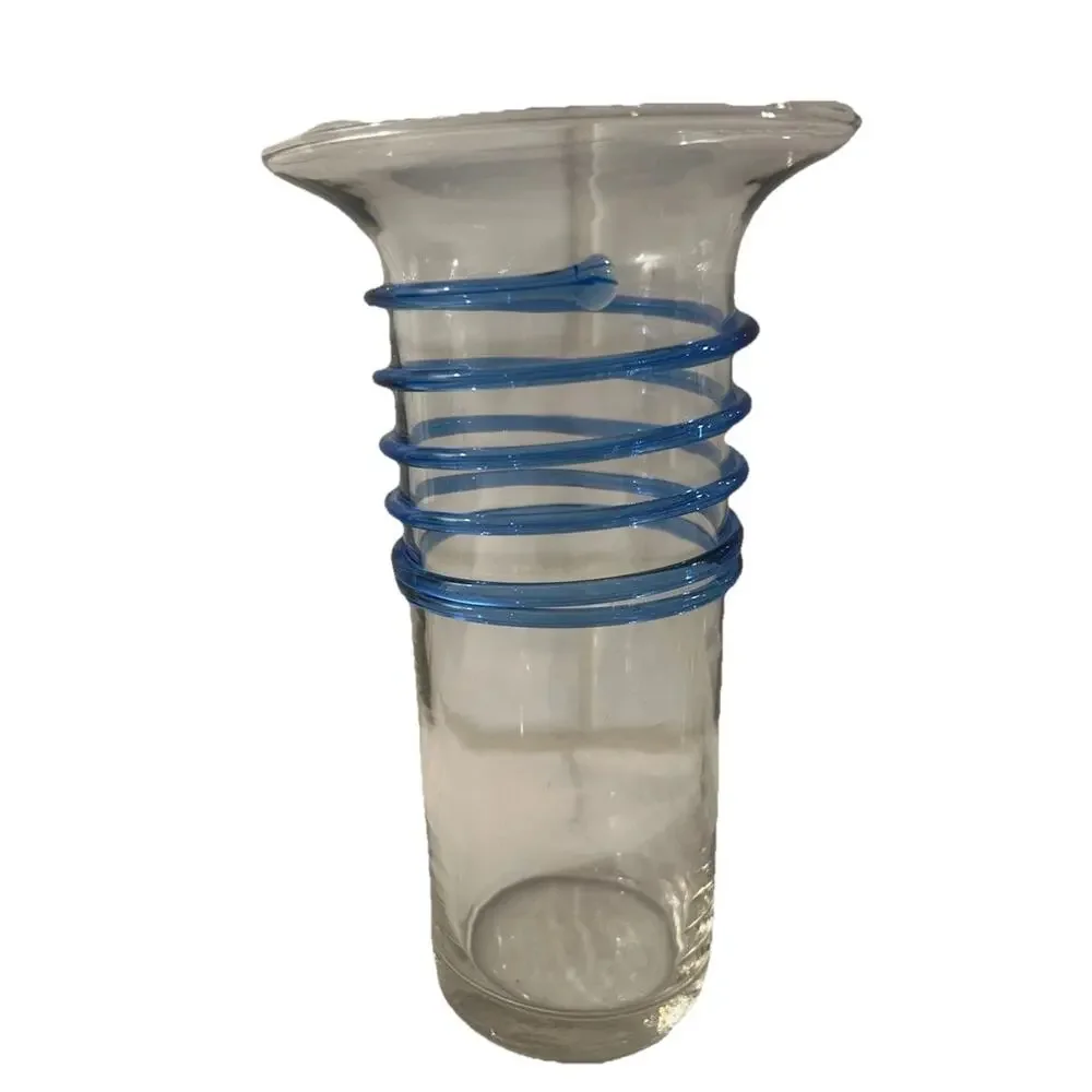 Vintage vase Applied Blue Swirl on Clear Glass Vase 8.75”‎ Art Glass